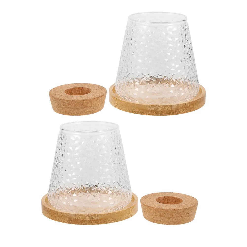 2Pcs Transparent Hammered Glass Hydroponic Vase with Volcanic Cup Design Wooden Stopper Tray for Plant Propagation Desktop
