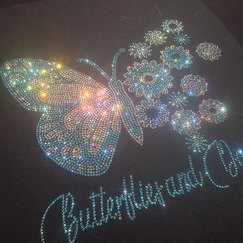New shiny drill figure butterfly flower T-shirt ladies summer casual bottoming T-shirt high quality cotton fabrics