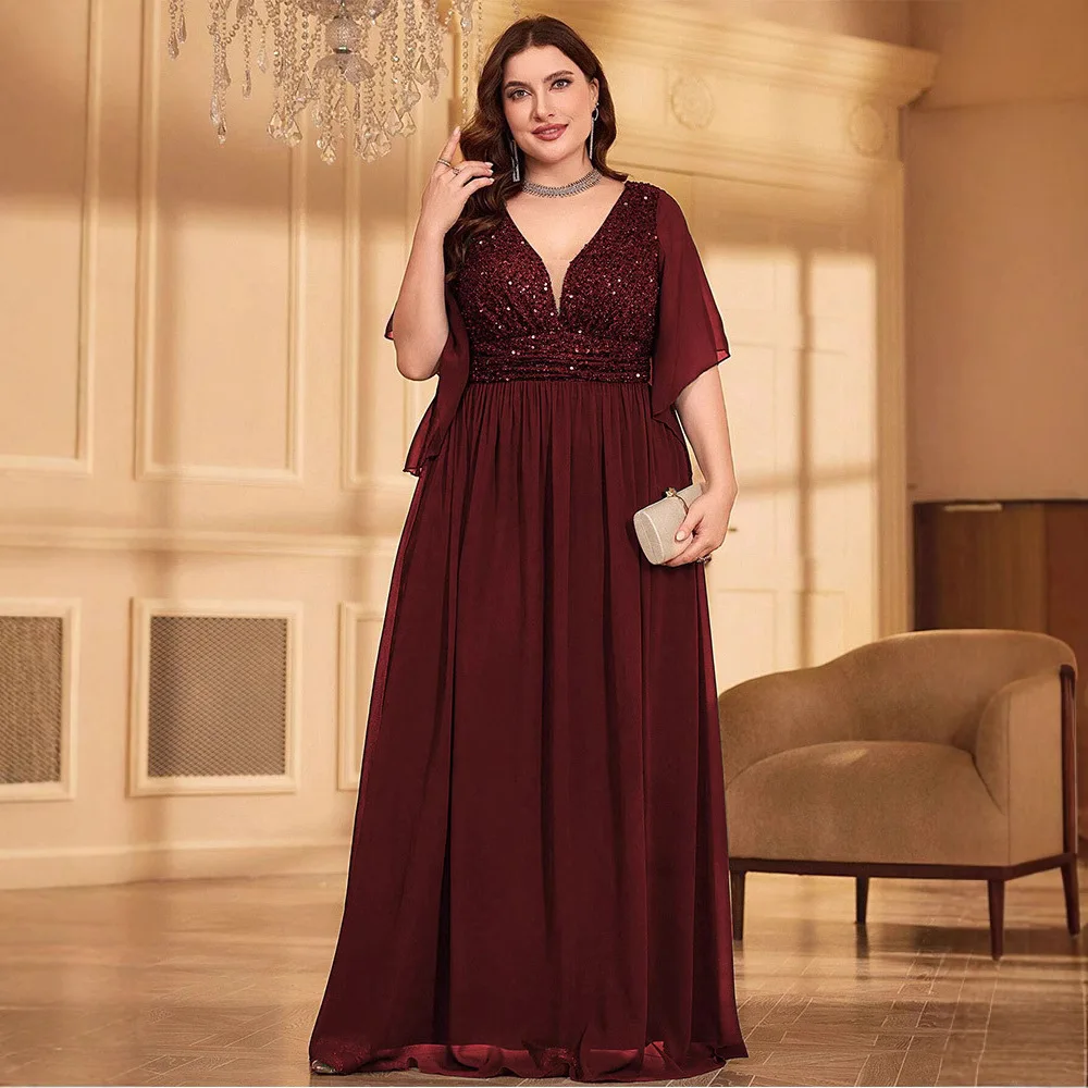 Gaun Pesta Panjang Model Slim Fit Bahan Chiffon Berpayet V-neck Modis Musim Panas 2026 untuk Wanita