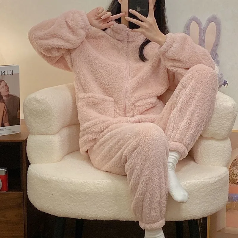 

2024 New Winter Coral Velvet Homewear Padded Warm Pajamas Women's High Neck Sleepwear Zipper Flannel Autumn Loungewear Set