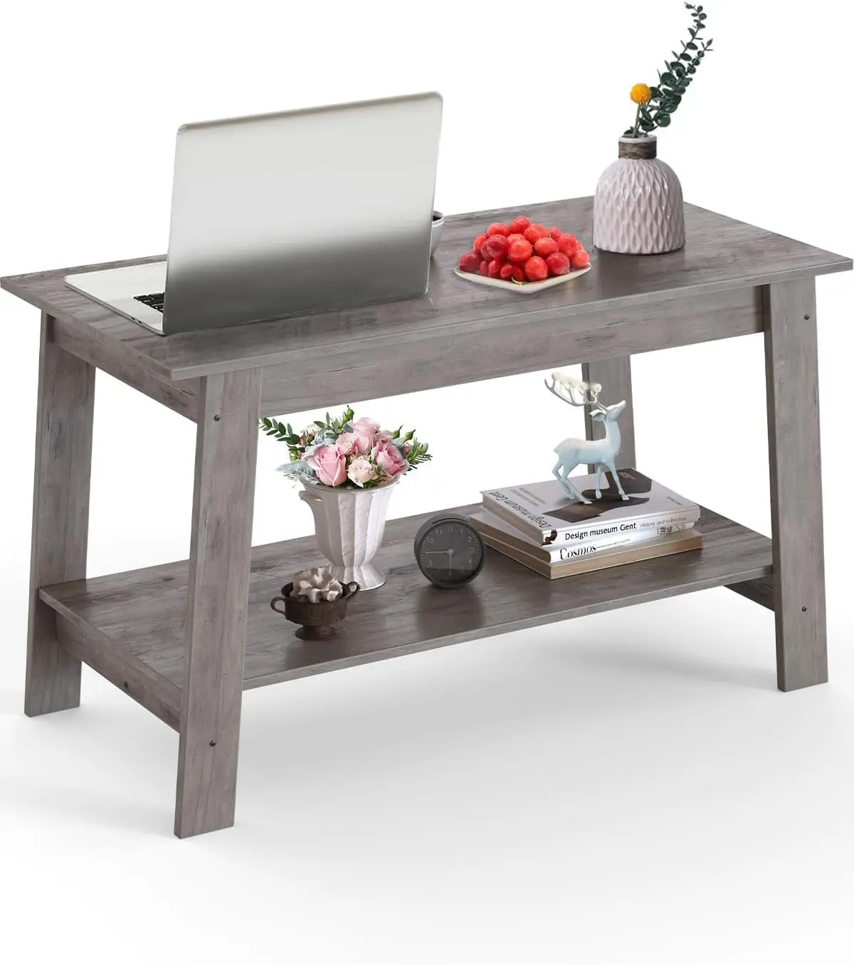 

Industrial Coffee Table Set of 2, Tiered Storage Side Tables with Rustic Wood Finish, Narrow Space-Saving Design, Grey