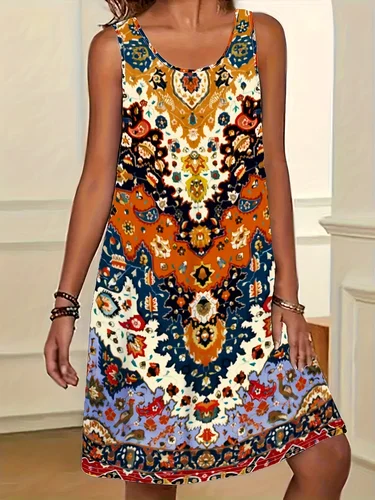 Imagen 2 del producto Vestido bohemio sin mangas con cuello redondo para mujer, ropa femenina hasta la rodilla, vestido Midi Floral informal, vestidos de verano para mujer