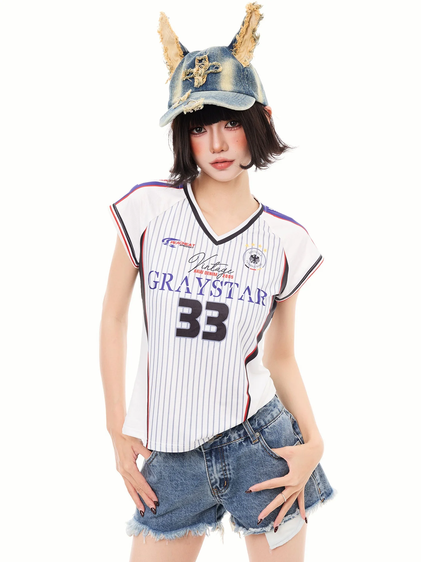 K787 Short Sleeve Sporty Stripe American Girl T-Shirt Women's  Atmosphere Shoulder Baring Top Youth Fashion Trend