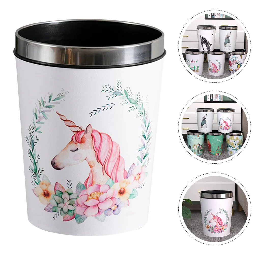 Trash Bin Pressure Ring Trash Can Cartoon Unicorn Wastepaper Basket for Dorm Home