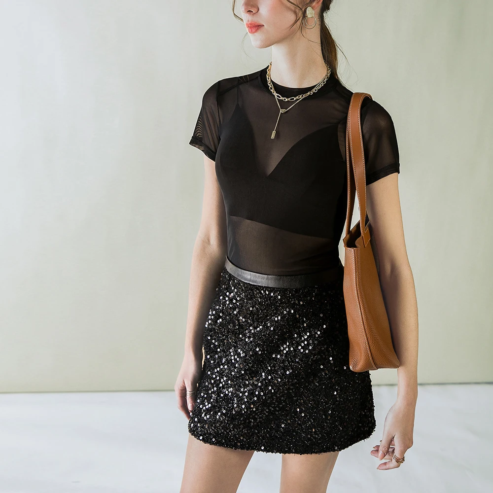 

Women See-through Mesh T shirt Y2k Black White Solid Colors Size S M L XL Short Sleeve O Neck Thin Female Blouses Tops Clothes