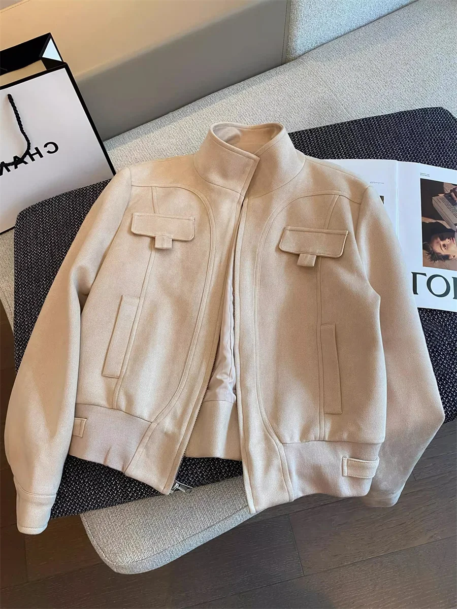 

Retro American Suede Stand Collar Jaet Women's Spring Autumn Casual Versatile Motorcycle Top Loose Fit Single Piece