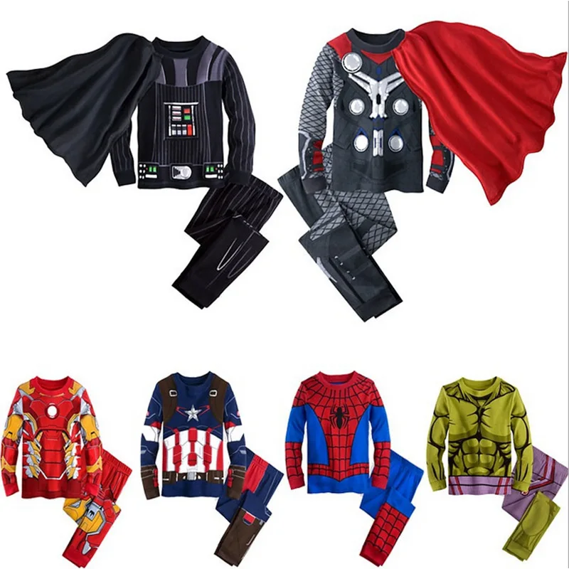 Children Clothing Set Baby Boy Cartoon Iron Man Captain America Spiderman Costume Long Sleeve Pajamas Set Kid Girl Homewear 1-8T