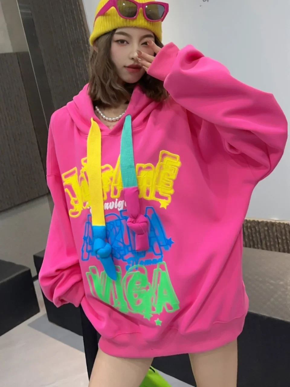 American Street 3D Graffiti Hooded Sweatshirts Women Spring Autumn Loose Mid-Length Casual Hoodies Coat Top Female