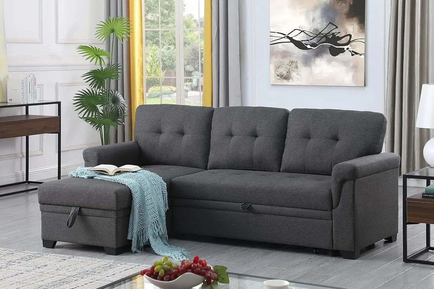 

Lucca 84" W Dark Gray Linen Reversible Sleeper Sectional Sofa with Storage Chaise