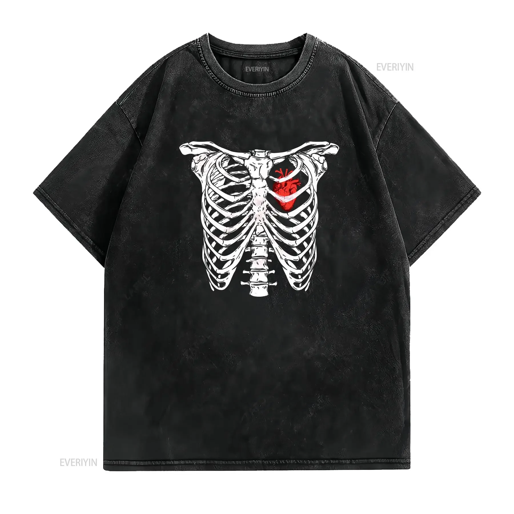 Halloween T Shirt Rib Cage Heart Realistic Scary vintage Washed streetwear Casual Versatile Top For Everyday Wear Unisex