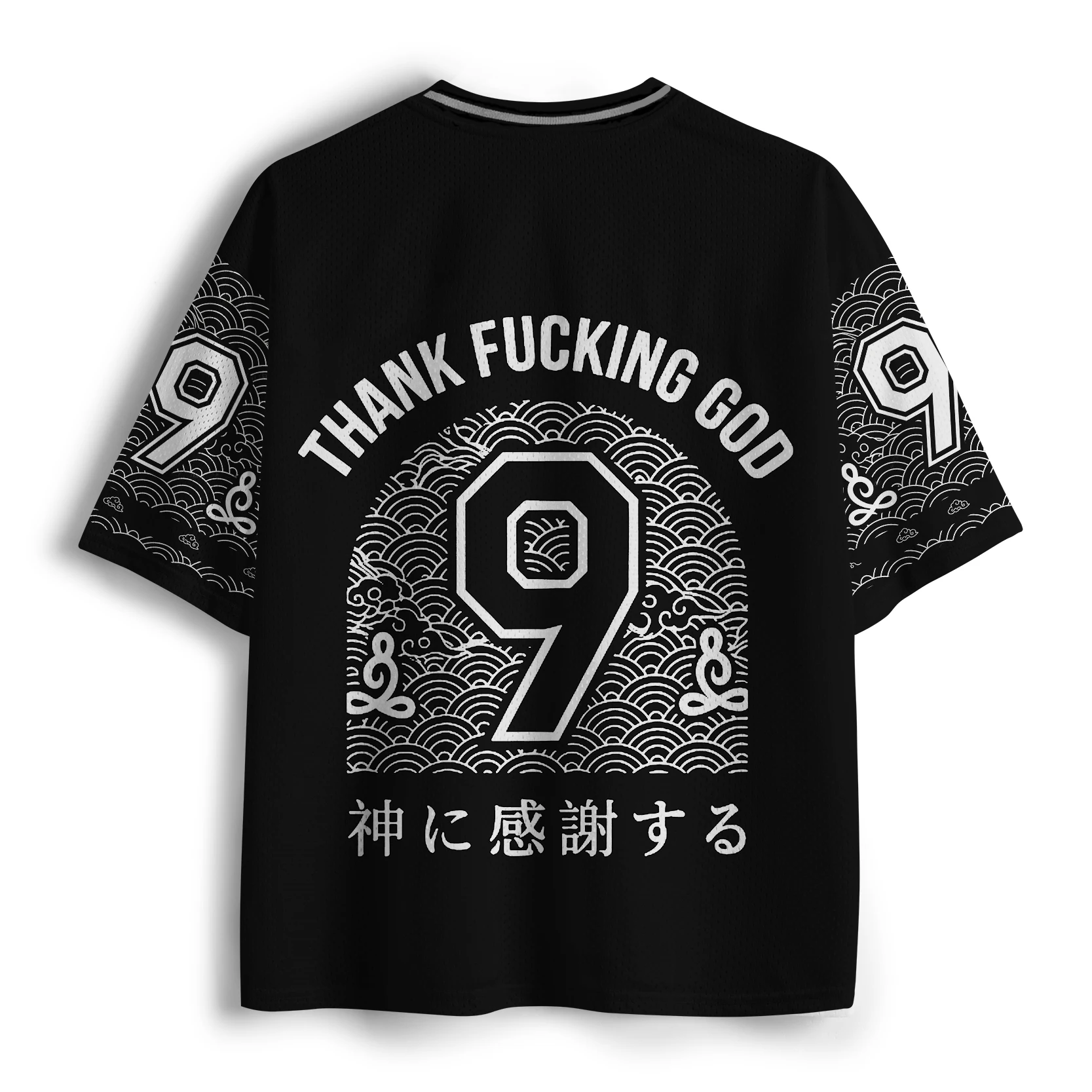 Y2K japanisches Mesh-Trikot mit Katzenmuster und schwarzem Wellenmuster, übergroßes V-Ausschnitt-T-Shirt für Erwachsene und Kinder im Streetwear-Stil. – Detail 5