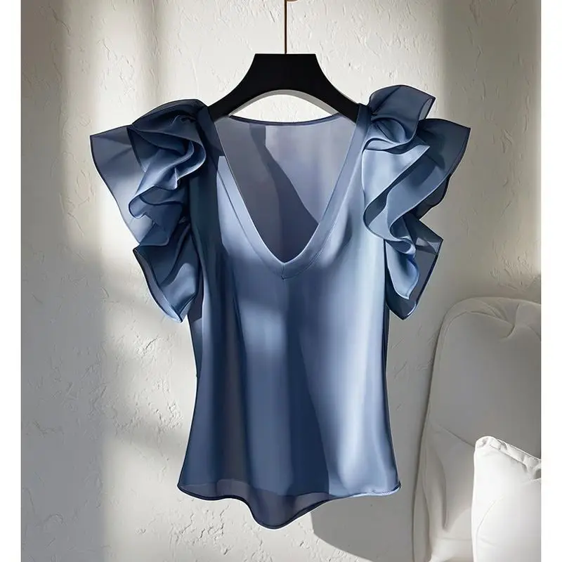 

Ladies Temperament V-neck Batwing Sleeve Shirts Summer Simplicity Patchwork Solid Color Blouse Women Clothes Slim Pullover Tops