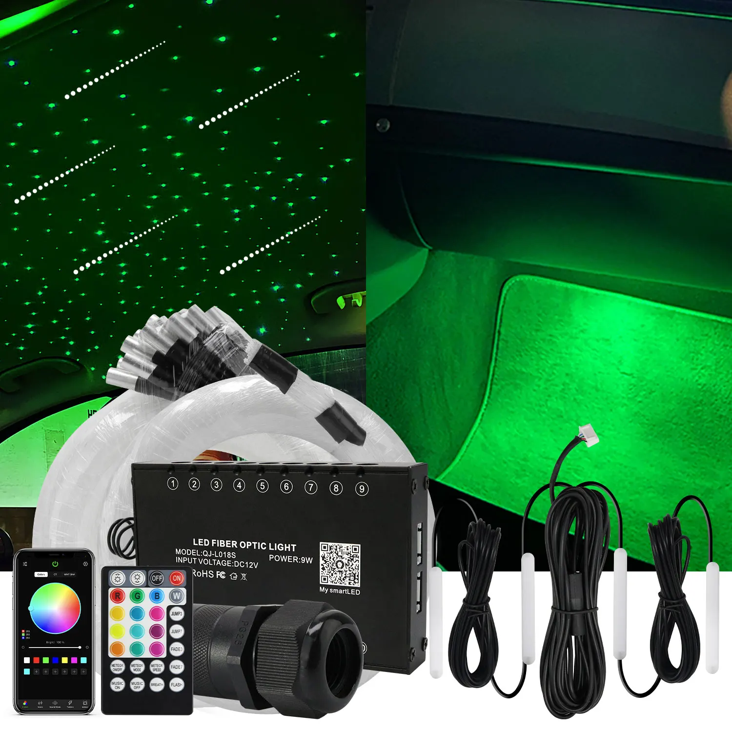 6W RGBW Car Starry Sky Meteor Car Roof Star Light Auto Accessories Car Interior Ambient Foot Strip Light Kit Fiber Optic Lights