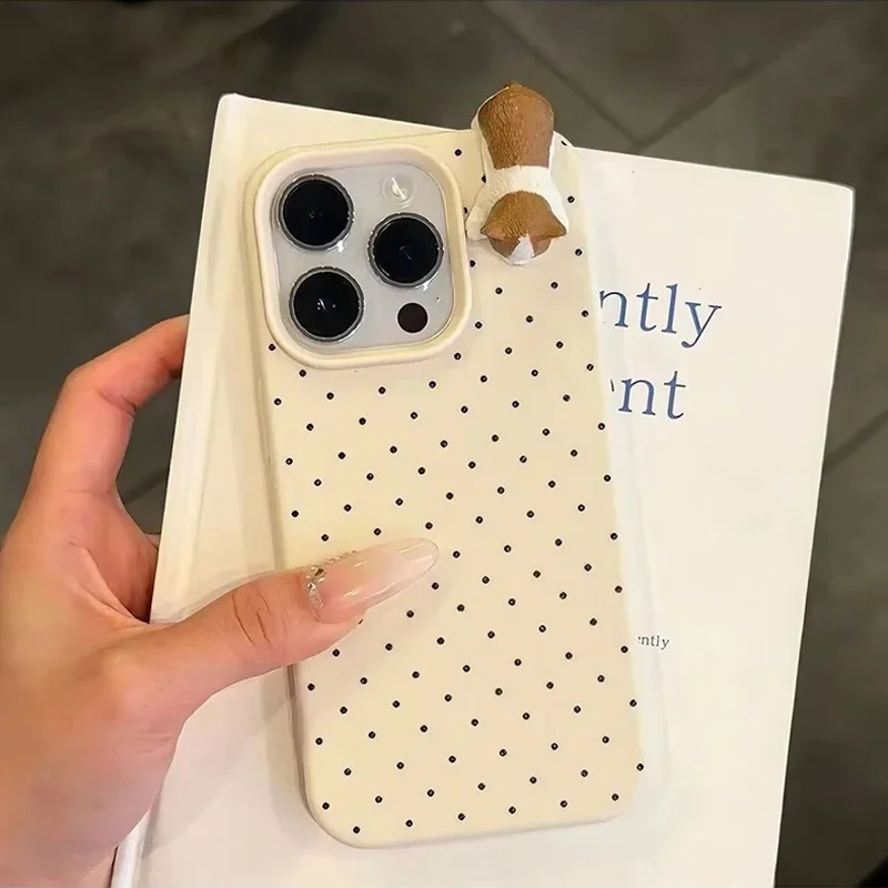 For iPhone 16 Pro Cute 3D Cat Dog Dot Leather Phone Case For iPhone 16 15 13 14 12 11 Pro Max Korean Lovely Kitten Soft Cover