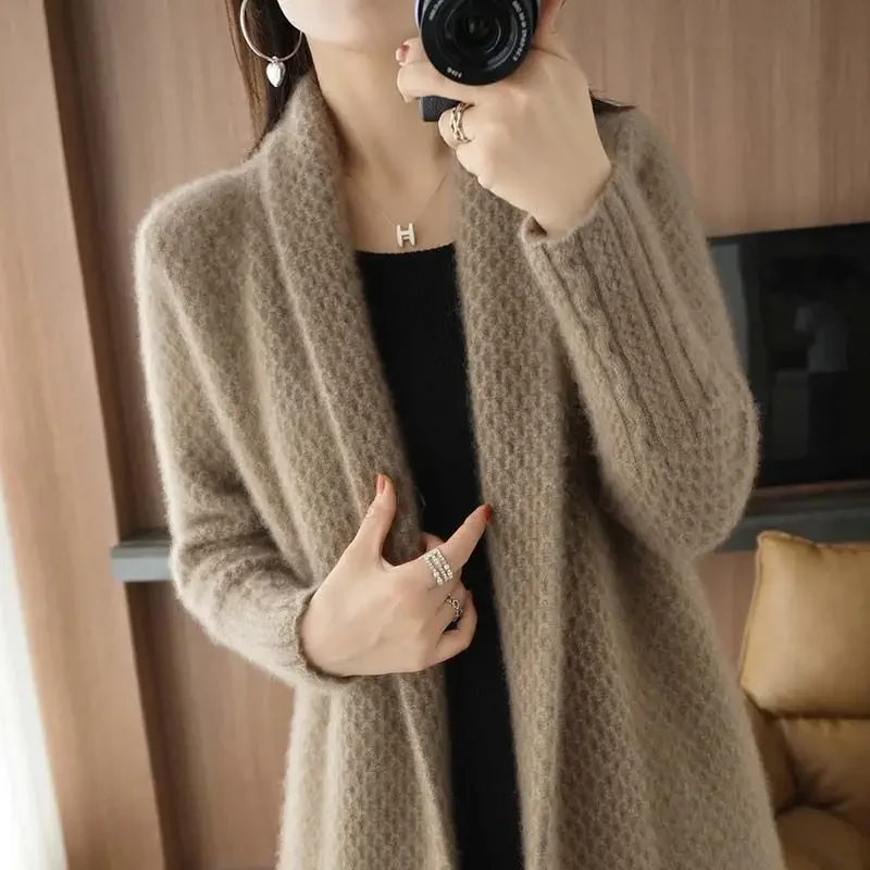 

Wool Cashmere Cardigan Sweater Women Knitted Coat Trench V-Neck Elegant Loose Jumpers 2022 Winter Clothes Fashion Oversized Tops