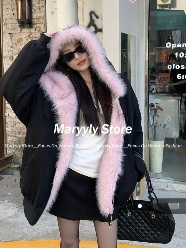 American Vintage Women's Fur Patchwork Coat Winter High Stree Spice Girl Design Hooded Jacket Female Korean Fashion Y2k Clothes