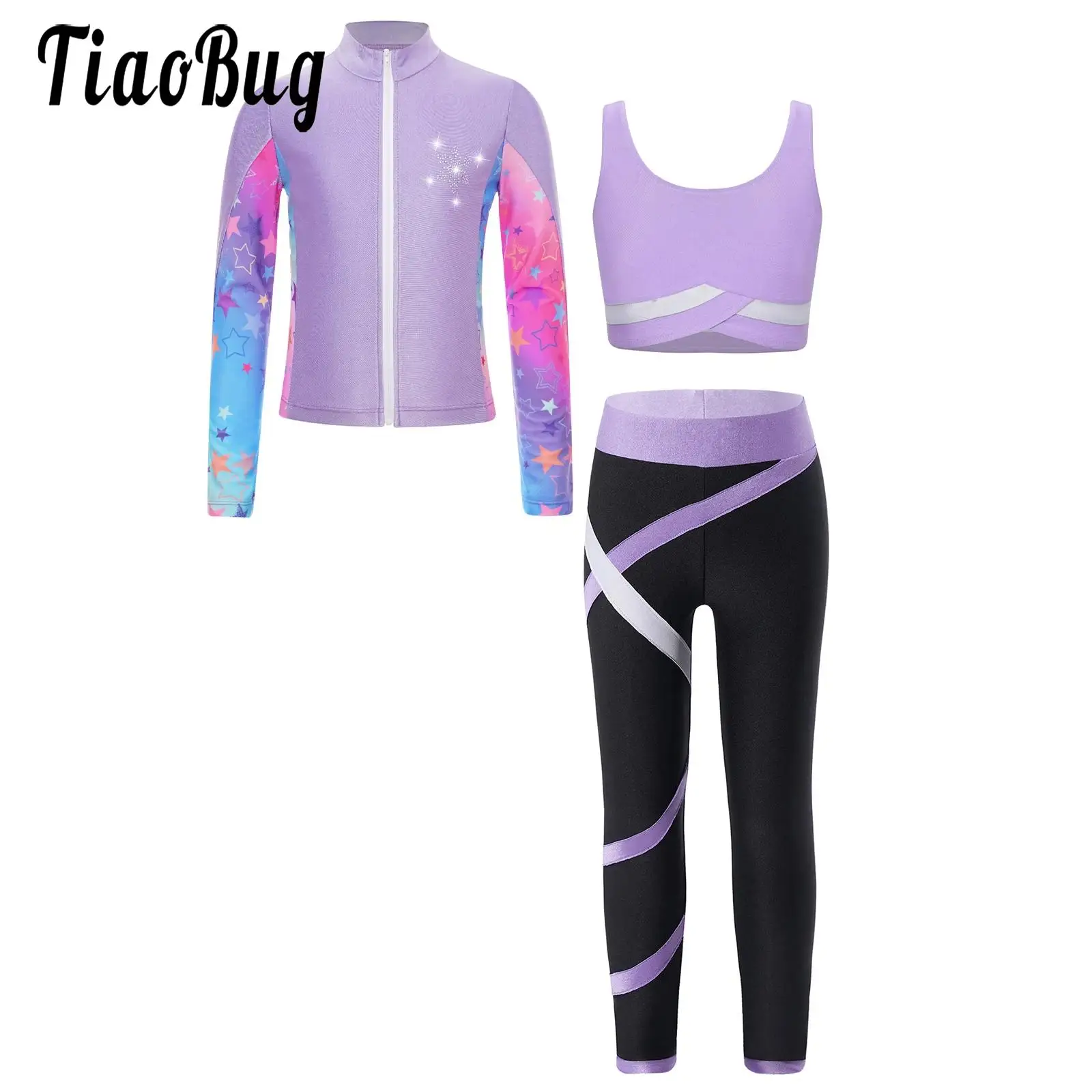 

Girls Sports Gymnastic Outfit Set Contrast Color Athletic Costume Long Sleeve Print Zipper Sweatshirt with Vest and Leggings