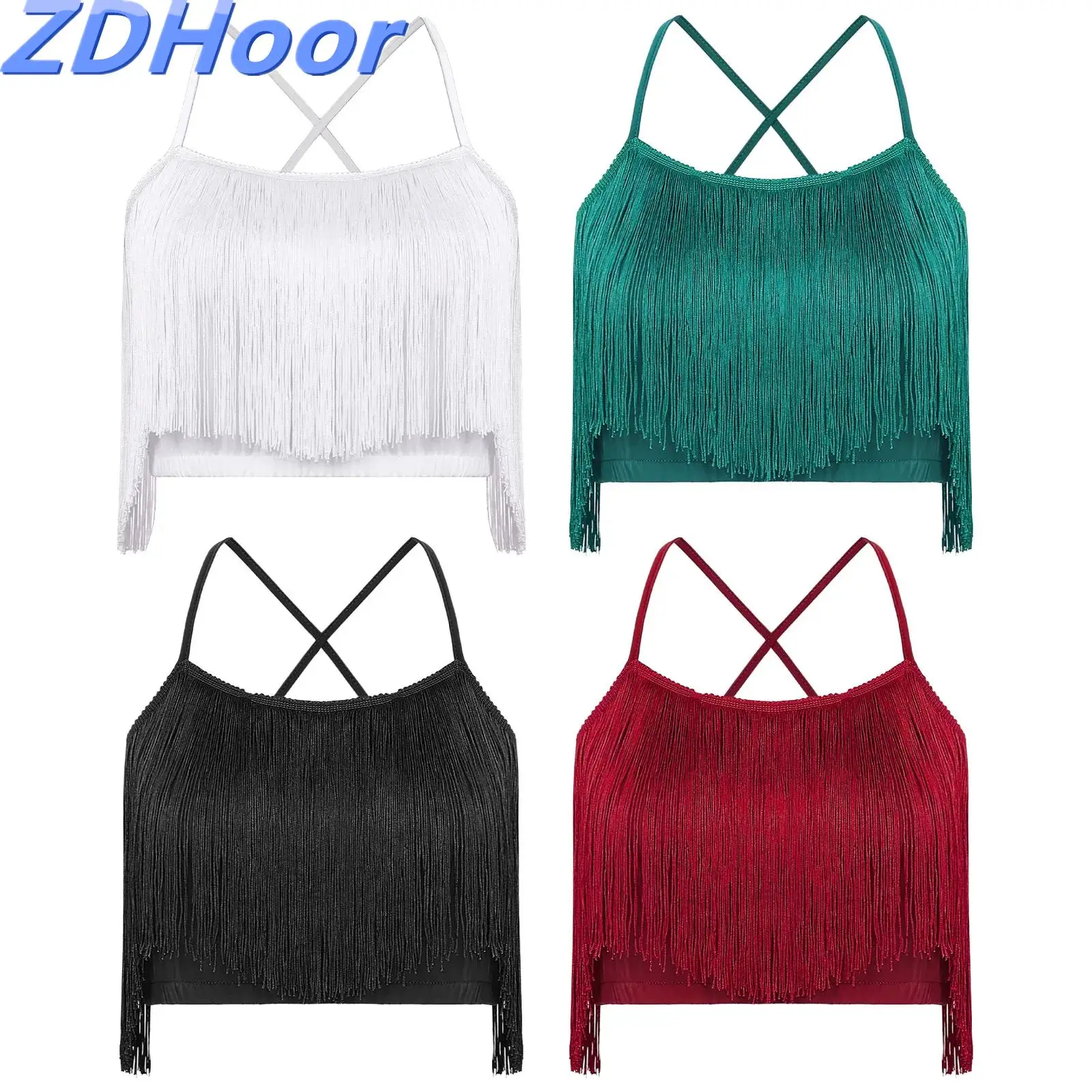 

Womens Latin Cha-Cha Dance Tops Fringe Sleeveless Spaghetti Straps Cross Back Tassels Crop Top for Practice Stage Performance