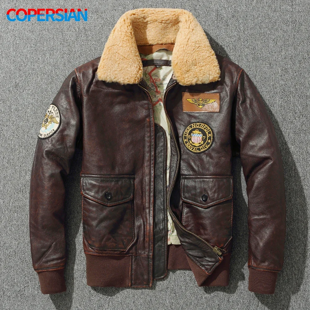 Genuine leather men's G1 pilot jacket top layer cowhide motorcycle suit made of old stone grinding plus cotton fur collar jacket