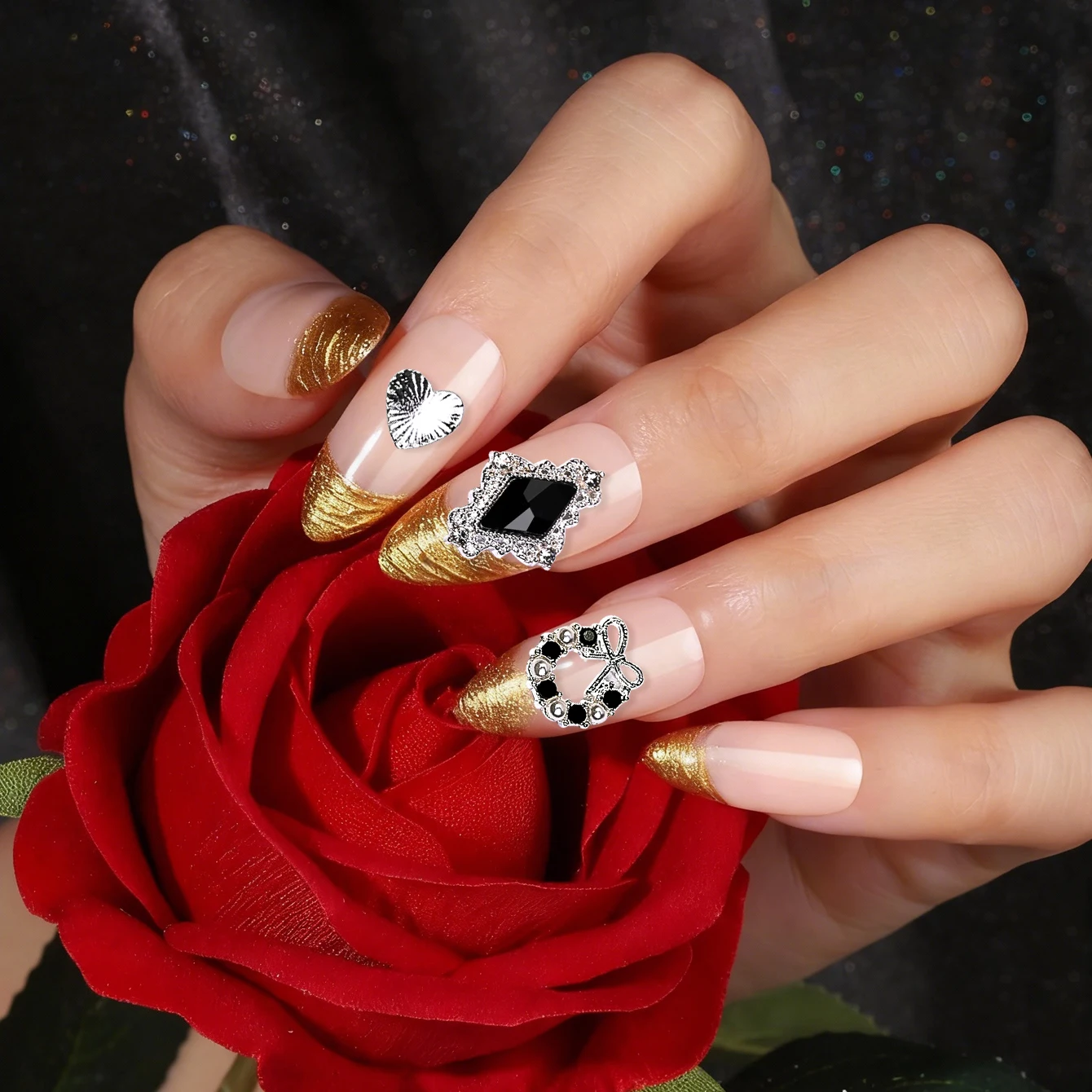 48 pieces/box, alloy black diamond silver shaped metal jewelry, charming and cute luster, bow/diamond star shaped nail jewelry,