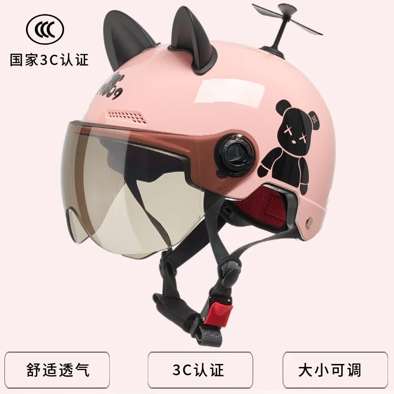 

Double Lens Motorcycle Helmet Men and Women Four Seasons Universal Battery Car Light Sunscreen Breathable Cute Hat Half Helmet