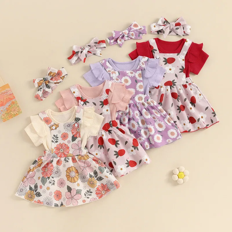 

Baby Girl Summer Set, Round Neck Short Sleeve Ribbed Romper Daisy Print Suspender Skirt Headband Infant Toddler 3 Piece Outfits