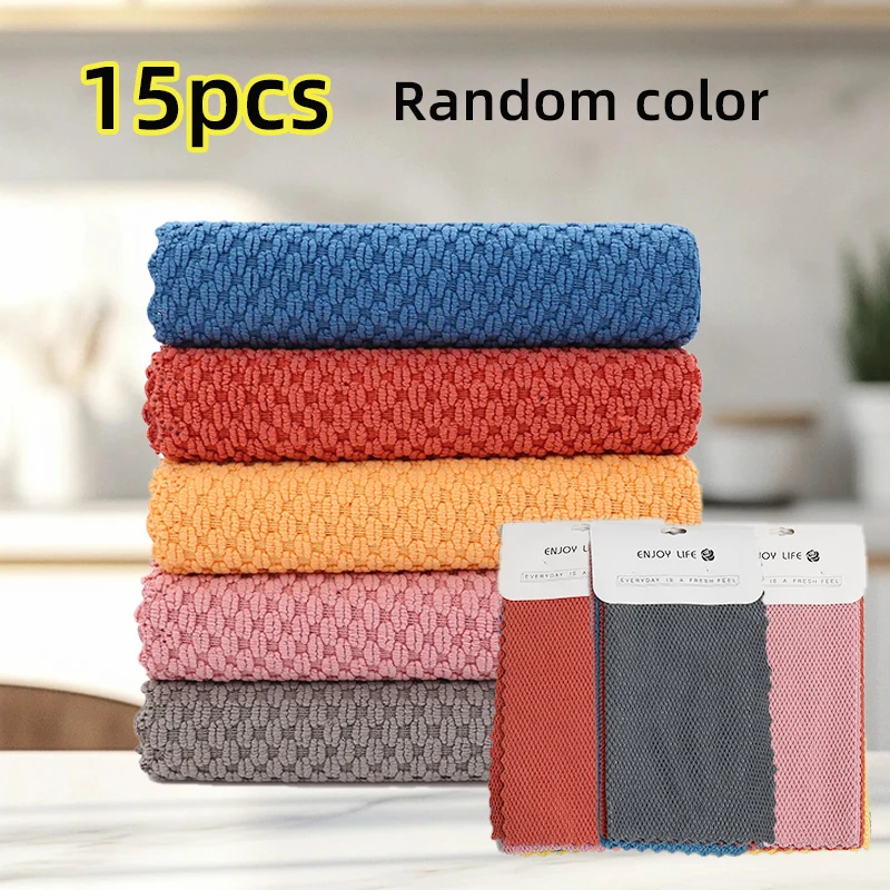 Best-Selling 15-Piece Thickened Fish Scale Waffle Microfiber Cleaning Cloth, Highly Absorbent Lint-Free Cleaning Cloth, Multi-Color Reusable Towel, Suitable for Home Kitchen and Car Microfiber Dishwashing Cloth