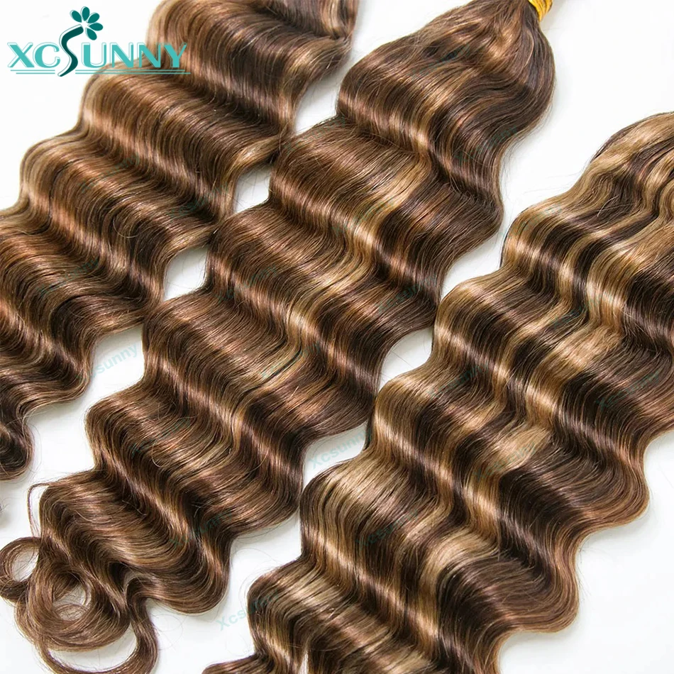 Bulk Human Hair For Braiding Deep Wave 4/27/30 Highlighed Bulk Hair For Boho Braids Braiding Human Hair Bundles Double Drawn