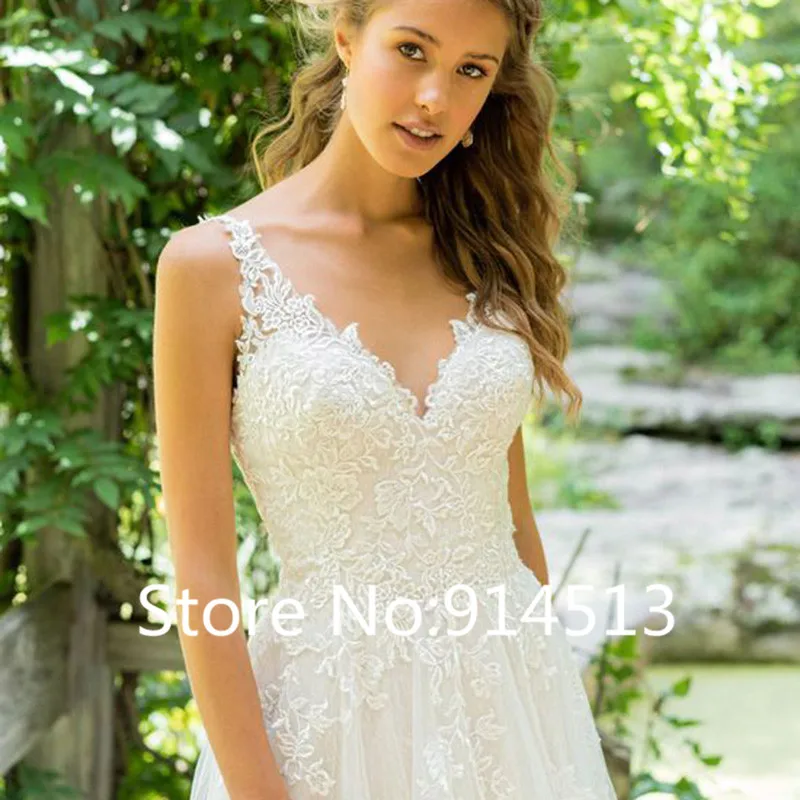 2021 Đầm Vestido De Noiva Chữ A Cổ V Áo Cưới Top Ren Appliques Đầm Cô Dâu Tự Làm Áo Cưới Càn Quét Tàu