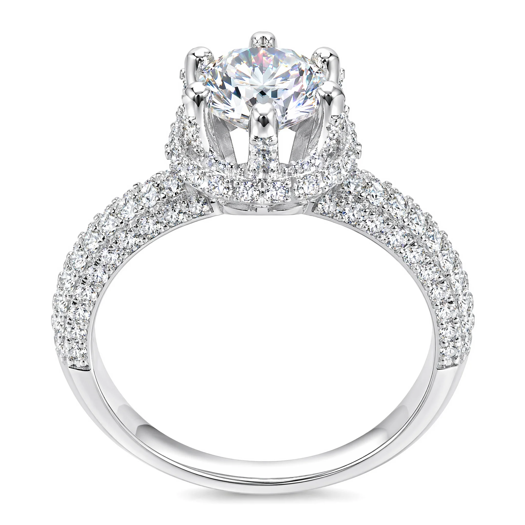Luxury 1ct Round Cut D Color VVS1 Moissanite Crown Ring for Women Real 925 Sterling Silver Full Moissanite Pav Band Engagement