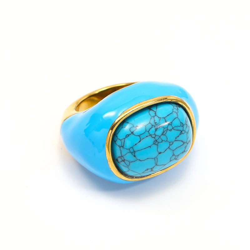 Punk Rock Stainless Steel Colored Enamel Inlaid with Natural Stone Round Finger Rings for Women Charm Jewelry