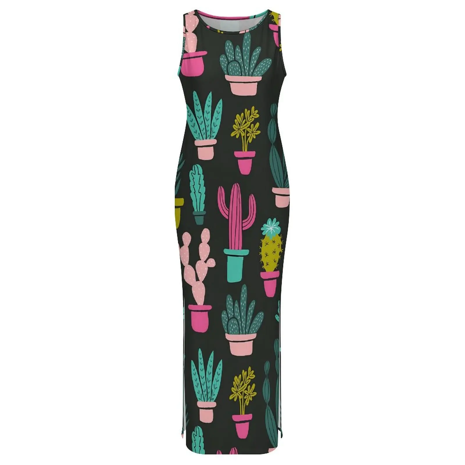 Abito aderente da donna Abiti maxi cactus divertenti casual Piante cactus primaverili Stampa senza maniche Abbigliamento da strada Abito personalizzato di grandi dimensioni