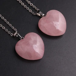 High Quality 25mm Heart Shaped Natural Stone Rose Quartz Amethyst Pendant Necklace Charms Jewelry For Women Lucky Love Gifts