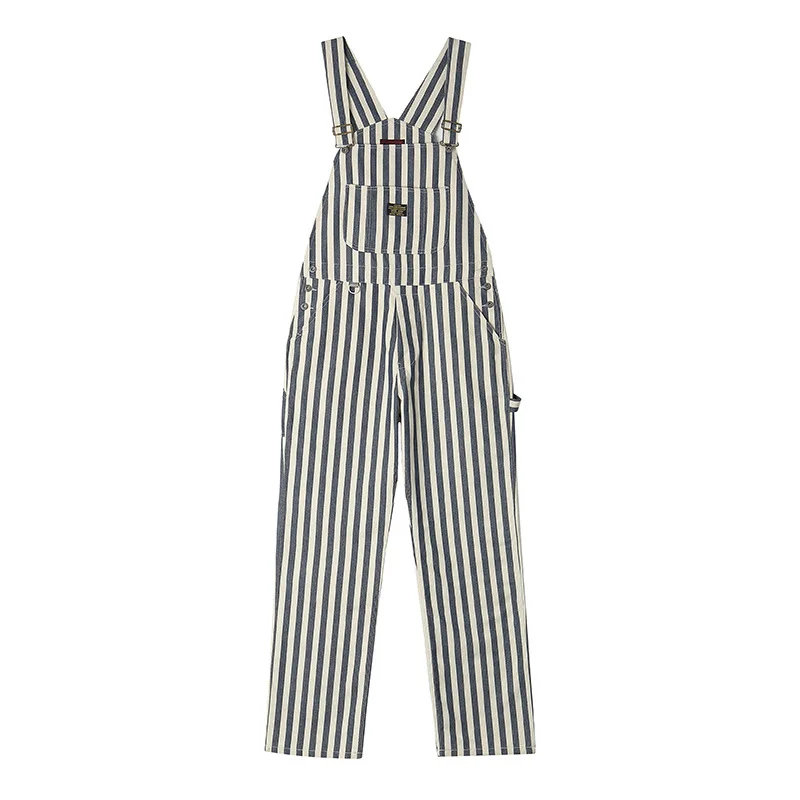 Amekaji Vintage Men's American Retro Motorcycle Overalls Striped Bib Denim Jumpsuit 100% Cotton Autumn Pants Heavyweight