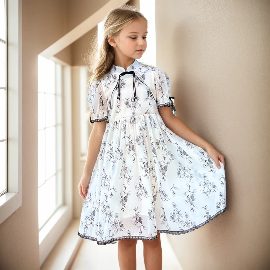 Kids Summer Dress Floral Pattern Girl Party Dress Chinese Style Kids Dress Summer Clothes Girl 6 8 10 12 14