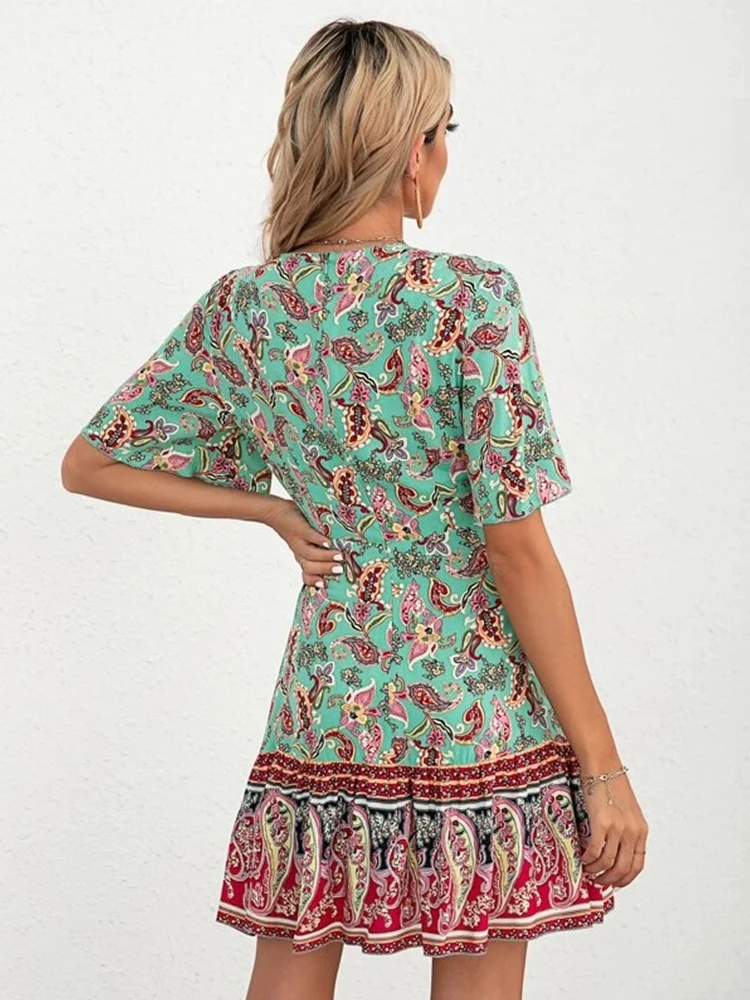 Women Summer Fashion Casual Floral Print V-neck A-line Big Hem Lace-Up Waist In Boho Flounce Sleeves Chic Mini Dress Cheap Sale