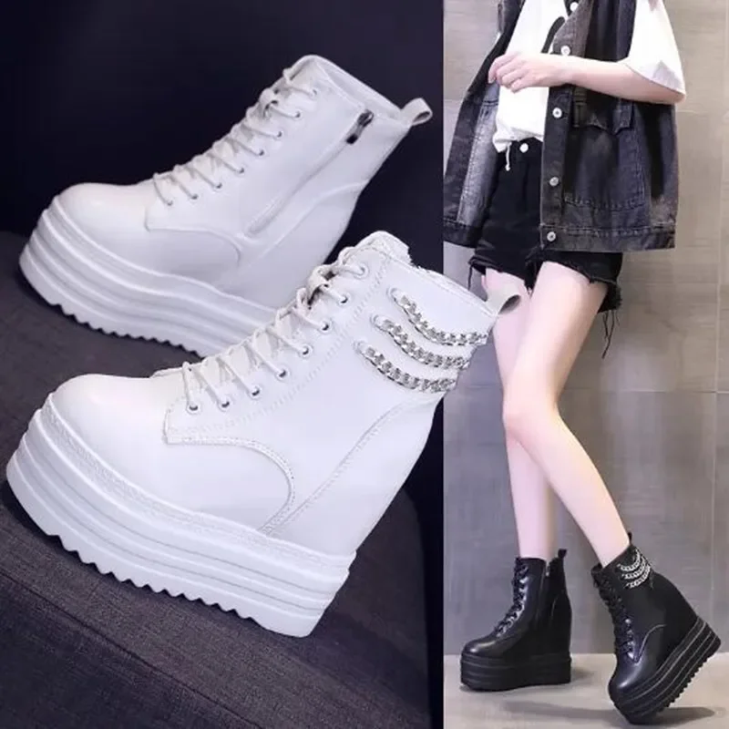 جديد النساء حذاء من الجلد الجلود سميكة وحيد دراجة نارية الأحذية الإناث الخريف الربيع سلسلة 12 سنتيمتر أحذية منصة عالية امرأة بوتاس Mujer