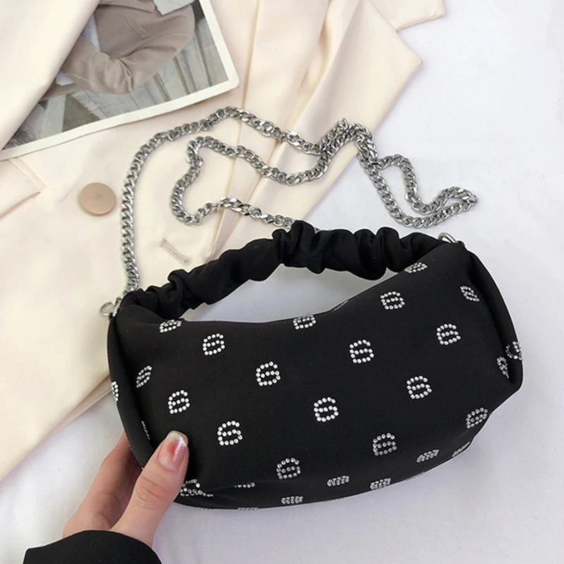 New Rhinestone Pleated Handbag Shoulder Bag Women 2024 Chain Strap Versatile Commuter Underarm Bag Handbag Small Square Bag Girl