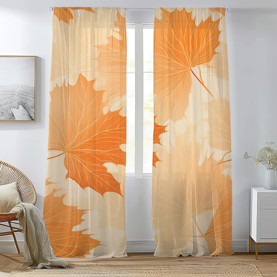 2PCS Digital Print Sheer Curtain, Large Maple Leaf Fall Autumn Orange Foliage Window Drapes for Living Room Bedroom Home Decor