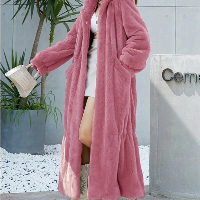 New Model 2023 Long Faux Rabbit Fur Coat Women High Quality Winter Hooded Overcoat Casual Loose Big Thick Warm Plush Fur Jacket