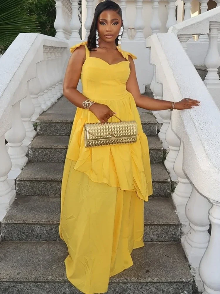 فستان طويل أنيق مع القوس السباغيتي حزام أصفر فاتح مثير حمالة ثوب مسائي أنيق للنساء بالجملة دروبشيبينغ