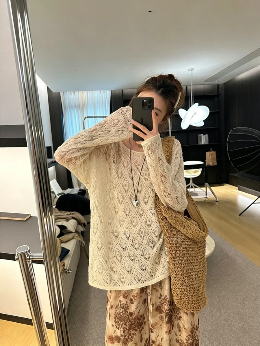 

plus Size Women's Summer New Style Minimalist Versatile Lazy Loose Knitted Hollow out Top Korean Style High Waist Long Sleeve