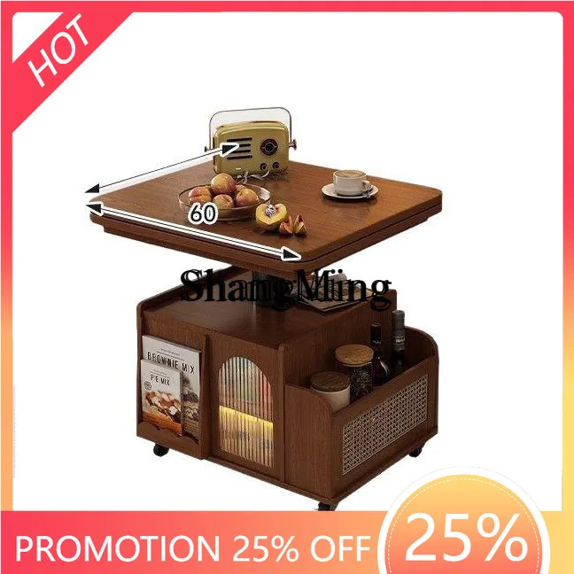 ZYY Fashion Solid Wood Movable Coffee Multi-Functional Adjustable Trolley Vintage Style Home Tea Table Dining Table Dual-Use