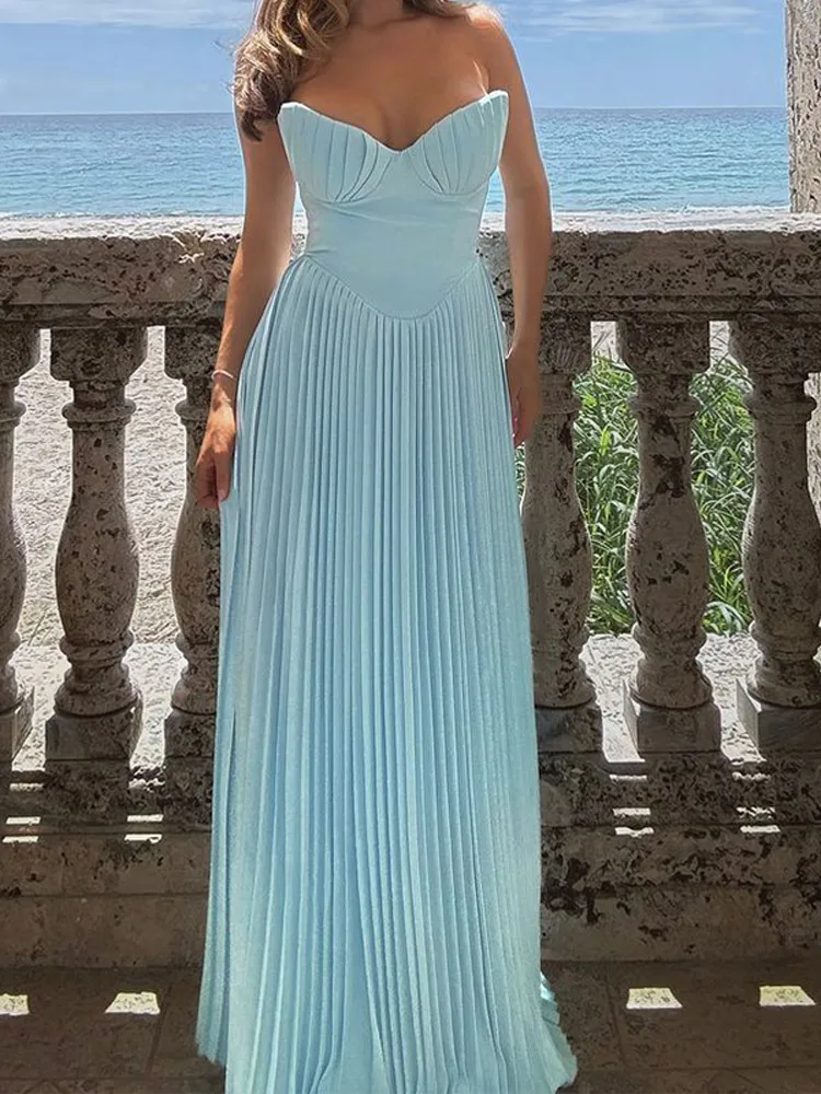 Elegant Women Wrap Chest Pleated Evening Dresses Chic Off Shoulder Sleeveless Slim Fit Maxi Dress Summer Lady Formal Party Dress