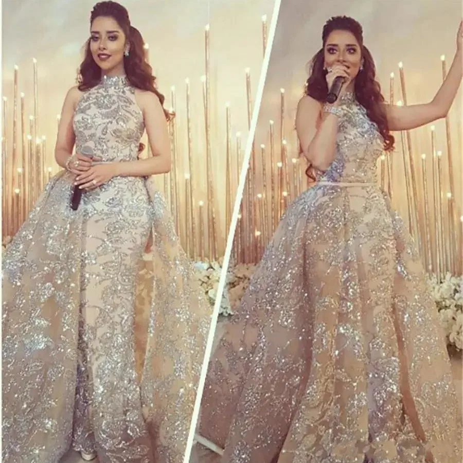 Vestidos de noite longos de lantejoulas brilhantes sereia gola alta trem destacável arábia saudita elegante formal vestido de festa de baile personalizado