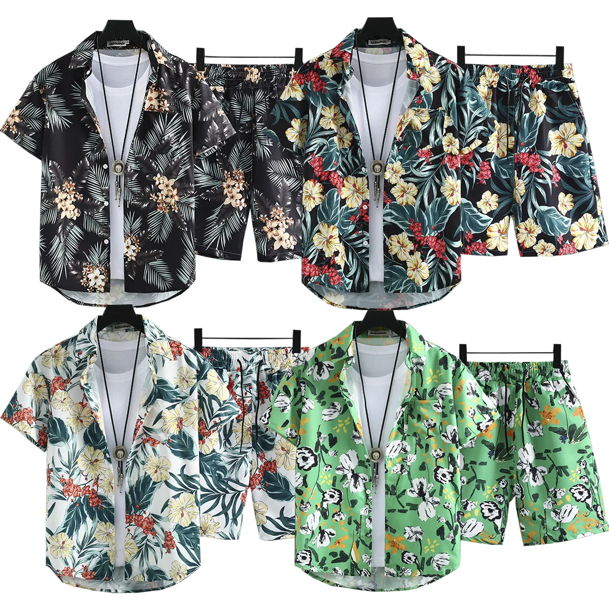 

Men's Short Sleeved Shirt Shorts White T-shirt Set Printed Pattern Round Neck Top Casual Beach Pants Series