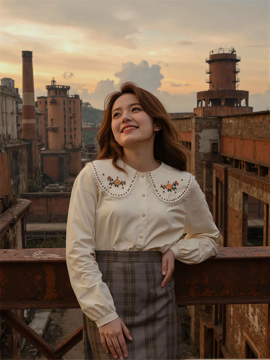 Langarm-Damen-Hemden mit Stickerei, Karomuster, bedruckt, Knopfleiste vorne, lässiger Stil, Preppy, College, schlicht, Basic, süße Baumwolle