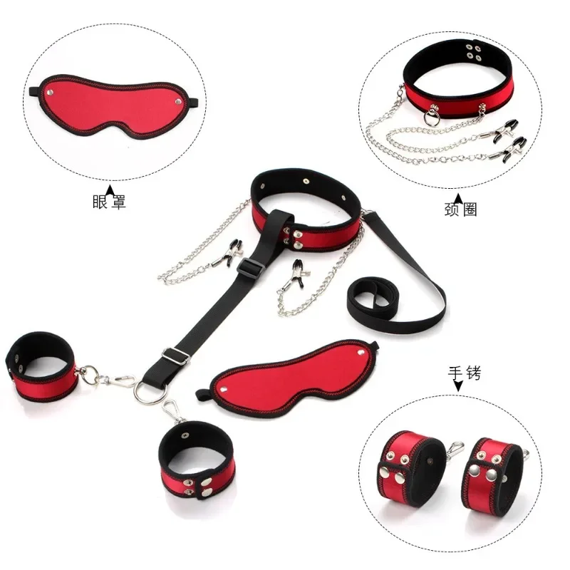 

Behind Back SM Collar Erotic Hand Cuff Nipple Clampls Blindfold Adult Fetish Play Bondage Kit S&M Products For Couples