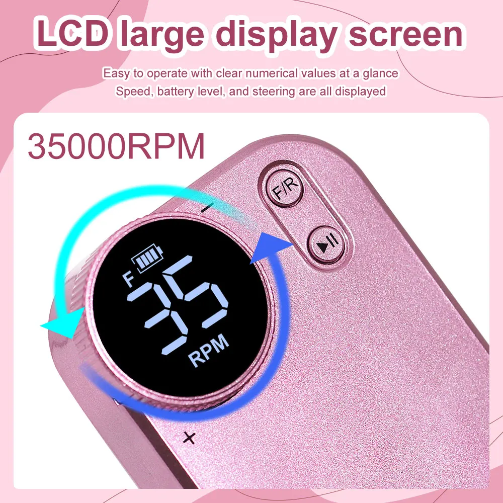 Conjunto de broca de unhas sem fio portátil 35000 rpm máquina polidora de unhas com bateria baixa vibração equipamento de baixo ruído verde cinza rosa