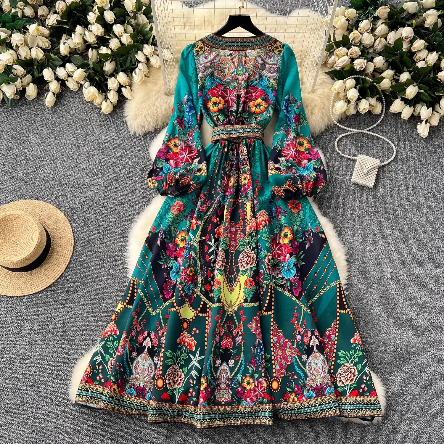 Autumn Holdiay Flower Wrap Dress Women's Cross V-Neck Long Puff Sleeve  Floral Print High Waist Bandage Lace Up Party Vestidos